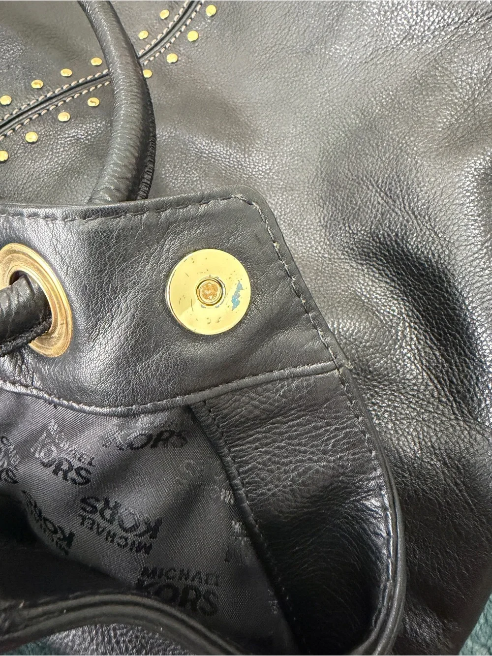 Michael Kors Black Leather Tote with Gold Stud Accents